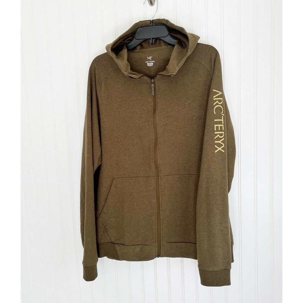 Arc'teryx Mens XL Full Zip Olive Green Brown Cotton Knit Hooded Jacket Hoodie